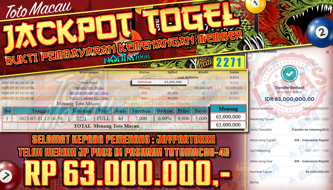 NADIMTOGEL JACKPOT TOGEL PASARAN TOTOMACAU-4D Rp 63.000.000,- LUNAS
