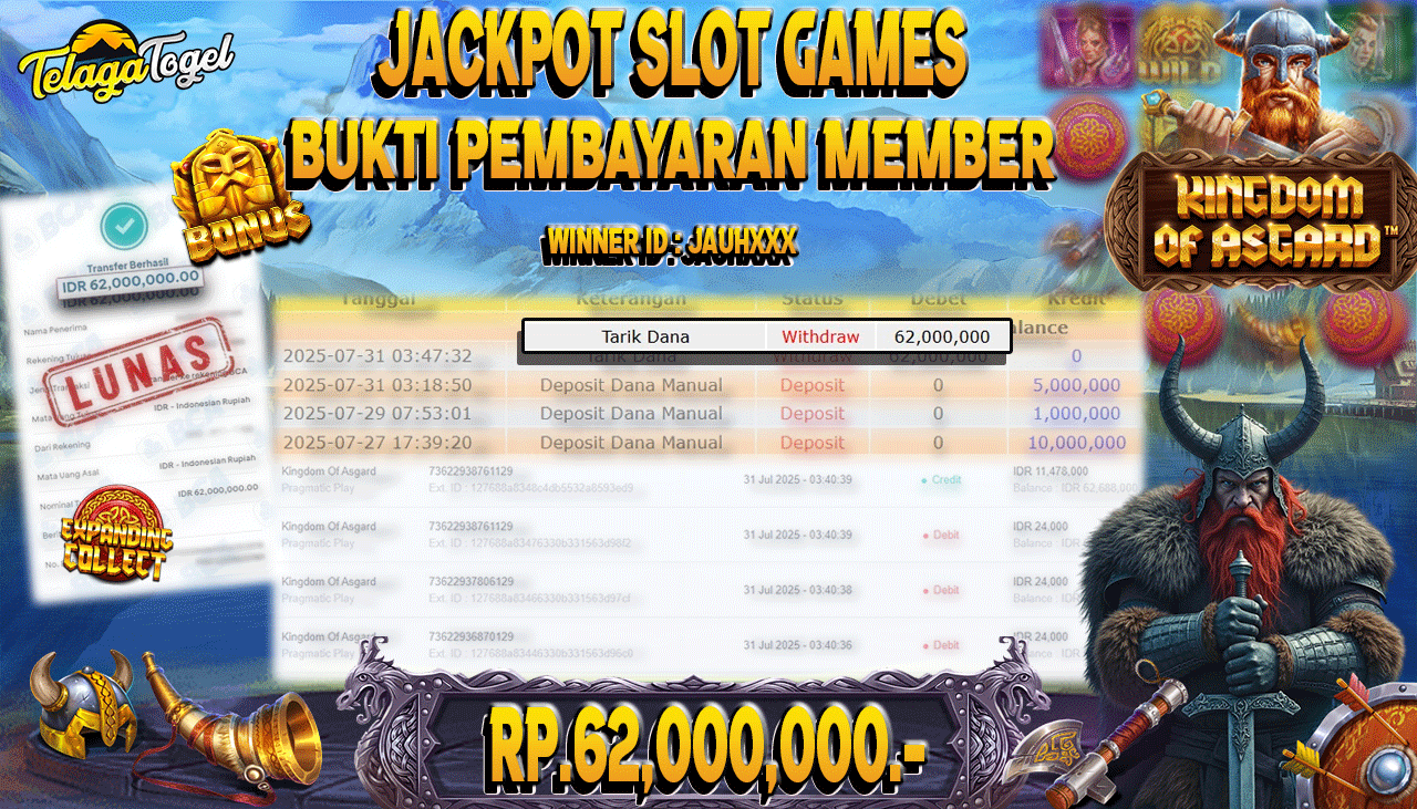 TELAGATOGEL JACKPOT SLOT KINGDOM OF ASGARD Rp 62,000,000.- LUNAS  