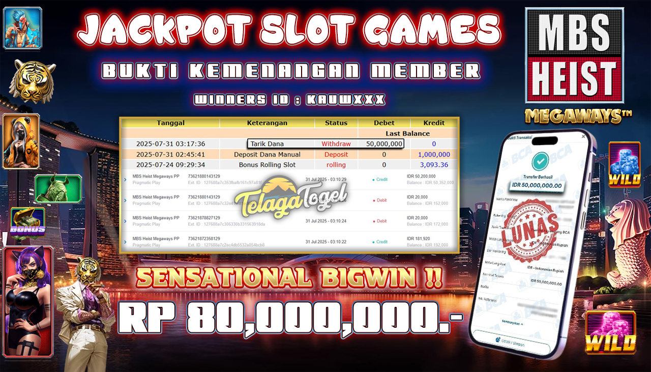 TELAGATOGEL JACKPOT SLOT MBS HEIST MEGAWAYS PP Rp 50,000,000.- LUNAS  