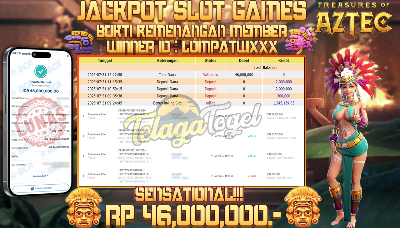 TELAGATOGEL JACKPOT SLOT TREASURE OF AZTEC  Rp 46,000,000.- LUNAS  