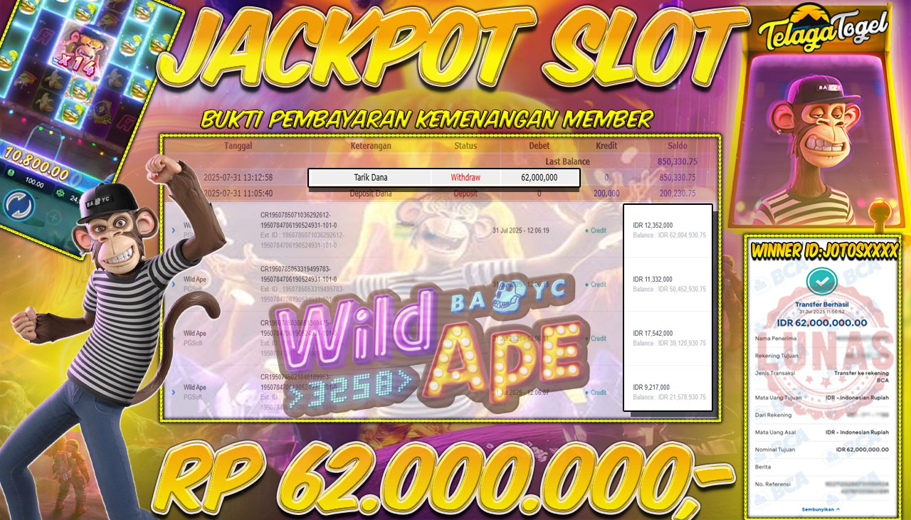 TELAGATOGEL JACKPOT SLOT WILD APE Rp 62,000,000.- LUNAS  
