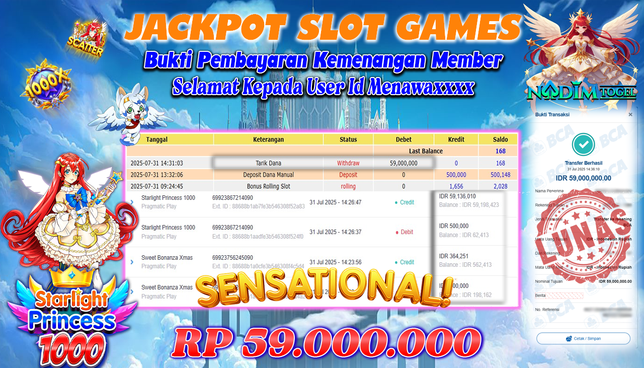 NADIMTOGEL JACKPOT SLOT STARLIGHT PRINCESS 1000 Rp 59.000.000,- LUNAS