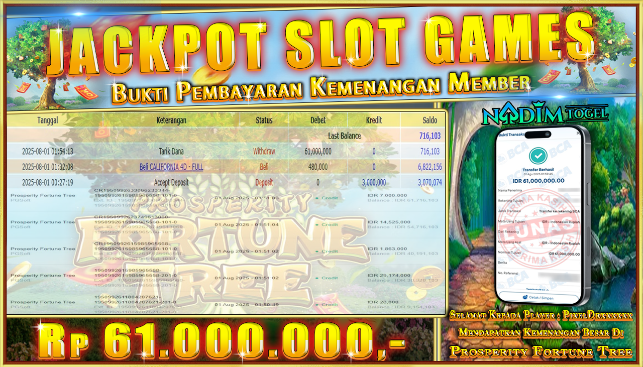 NADIMTOGEL JACKPOT SLOT PROSPERITY FORTUNE TREE Rp 61.000.000,- LUNAS