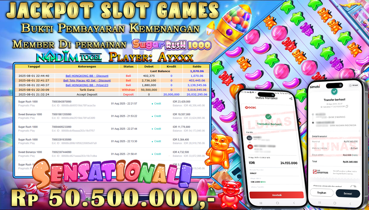 NADIMTOGEL JACKPOT SLOT SUGAR RUSH 1000 Rp 50.500.000,- LUNAS