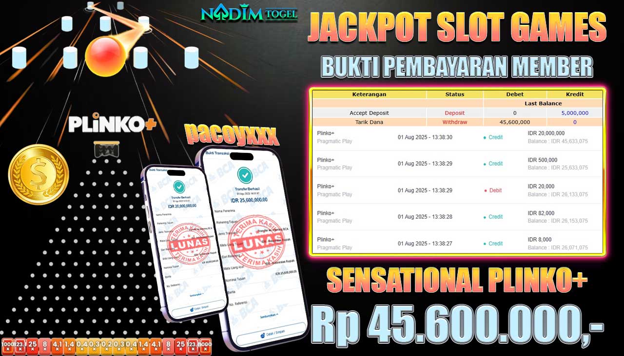 NADIMTOGEL JACKPOT SLOT PLINKO+ PRAGMATIC PLAY Rp 45.600.000,- LUNAS
