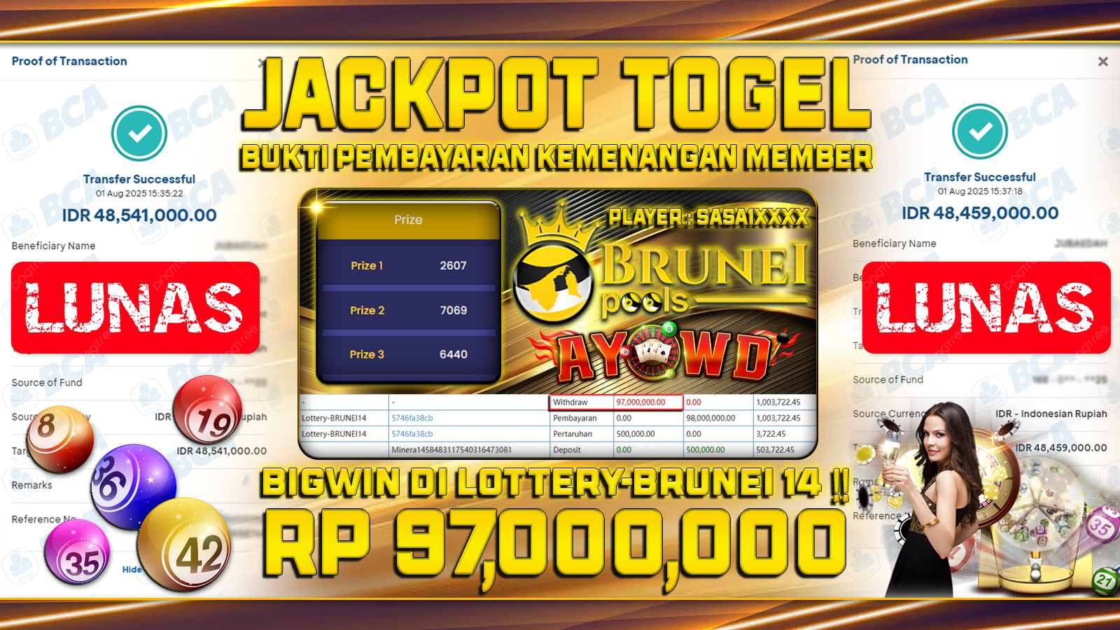 AYOWD JACKPOT Lottery-Brunei 14 Rp 97,000,000,- LUNAS