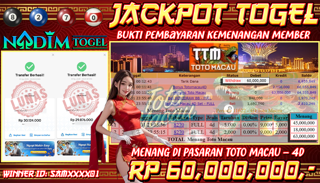 NADIMTOGEL JACKPOT TOGEL PASARAN TOTOMACAU-4D Rp 60.000.000,- LUNAS
