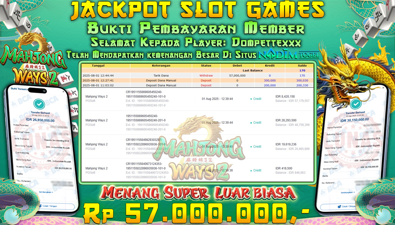 NADIMTOGEL JACKPOT SLOT MAHJONG WAYS 2 Rp 57.000.000,- LUNAS