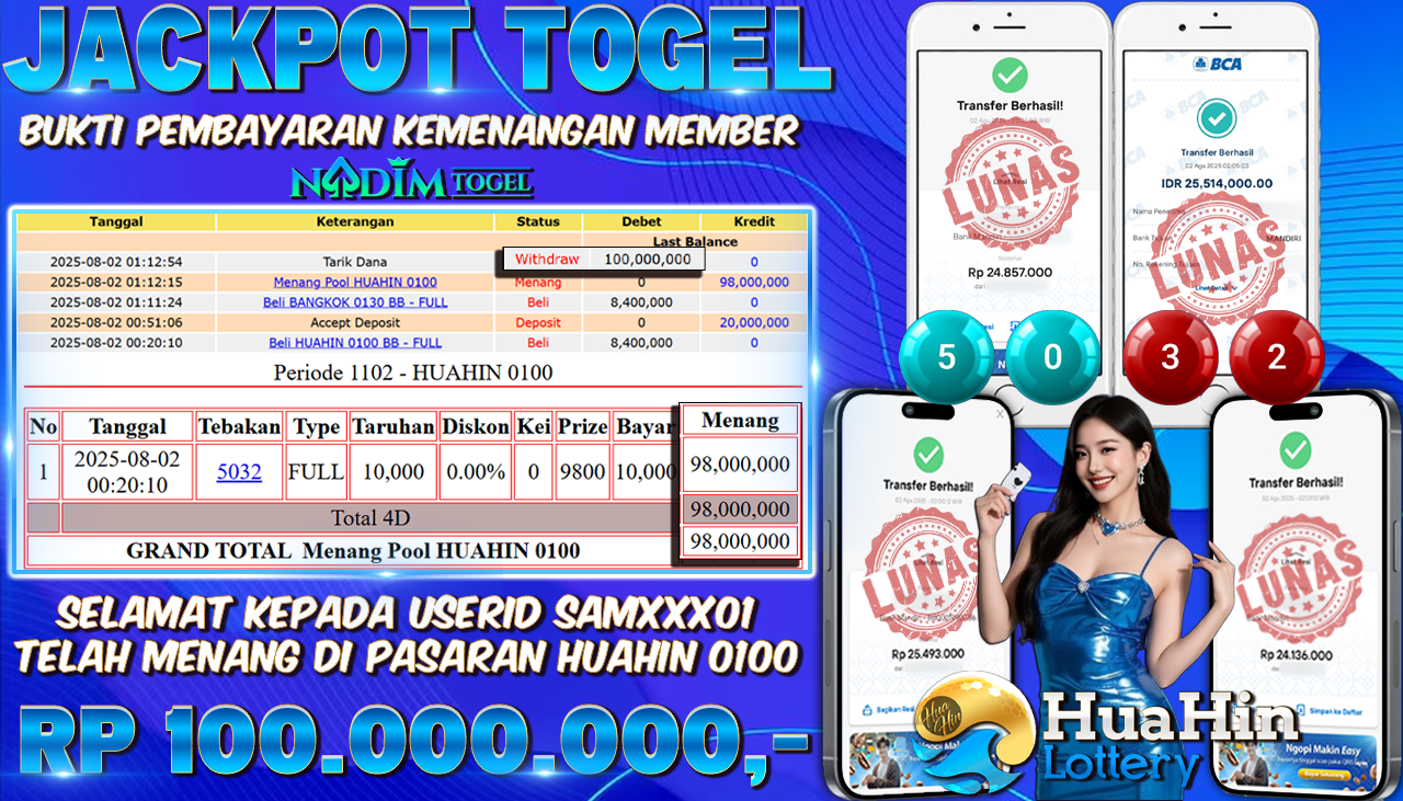 NADIMTOGEL JACKPOT TOGEL PASARAN HUAHIN 0100 Rp 100.000.000,- LUNAS