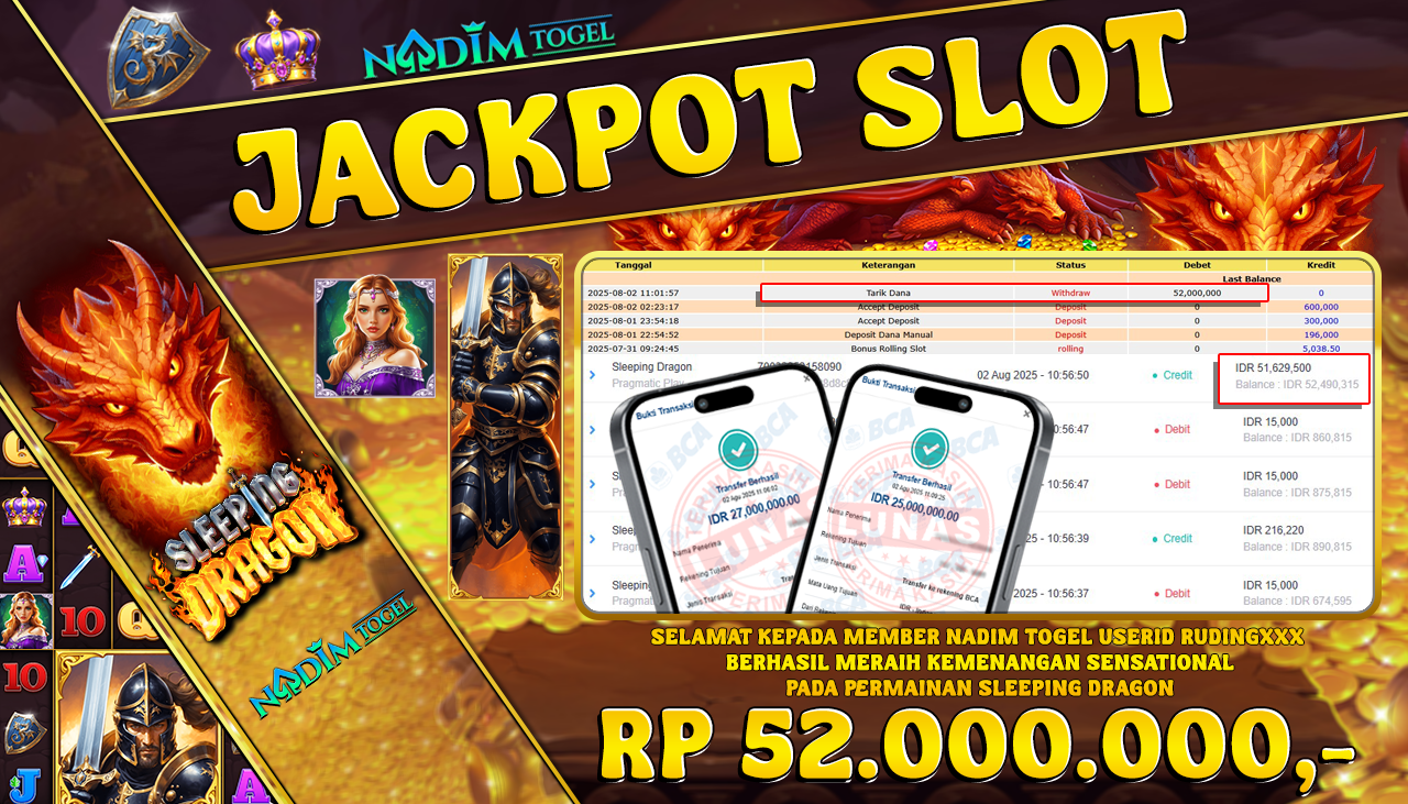 NADIMTOGEL JACKPOT SLOT SLEEPING DRAGON Rp 52,000,000,- LUNAS
