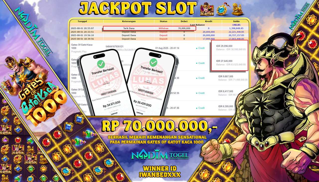 NADIMTOGEL JACKPOT SLOT GATES OF GATOT KACA 1000 Rp 70.000.000,- LUNAS