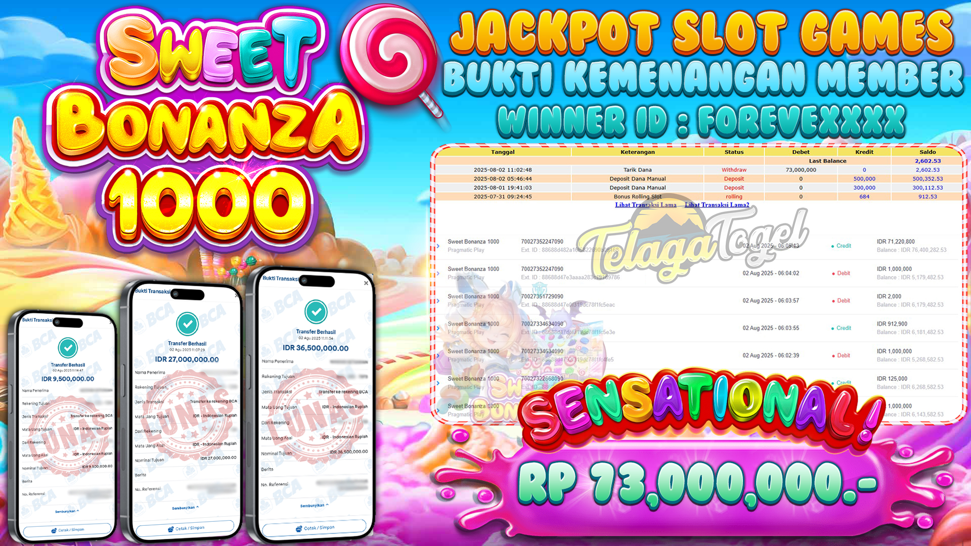 TELAGATOGEL JACKPOT SLOT SWEET BONANZA 1000 Rp 73,000,000.- LUNAS  