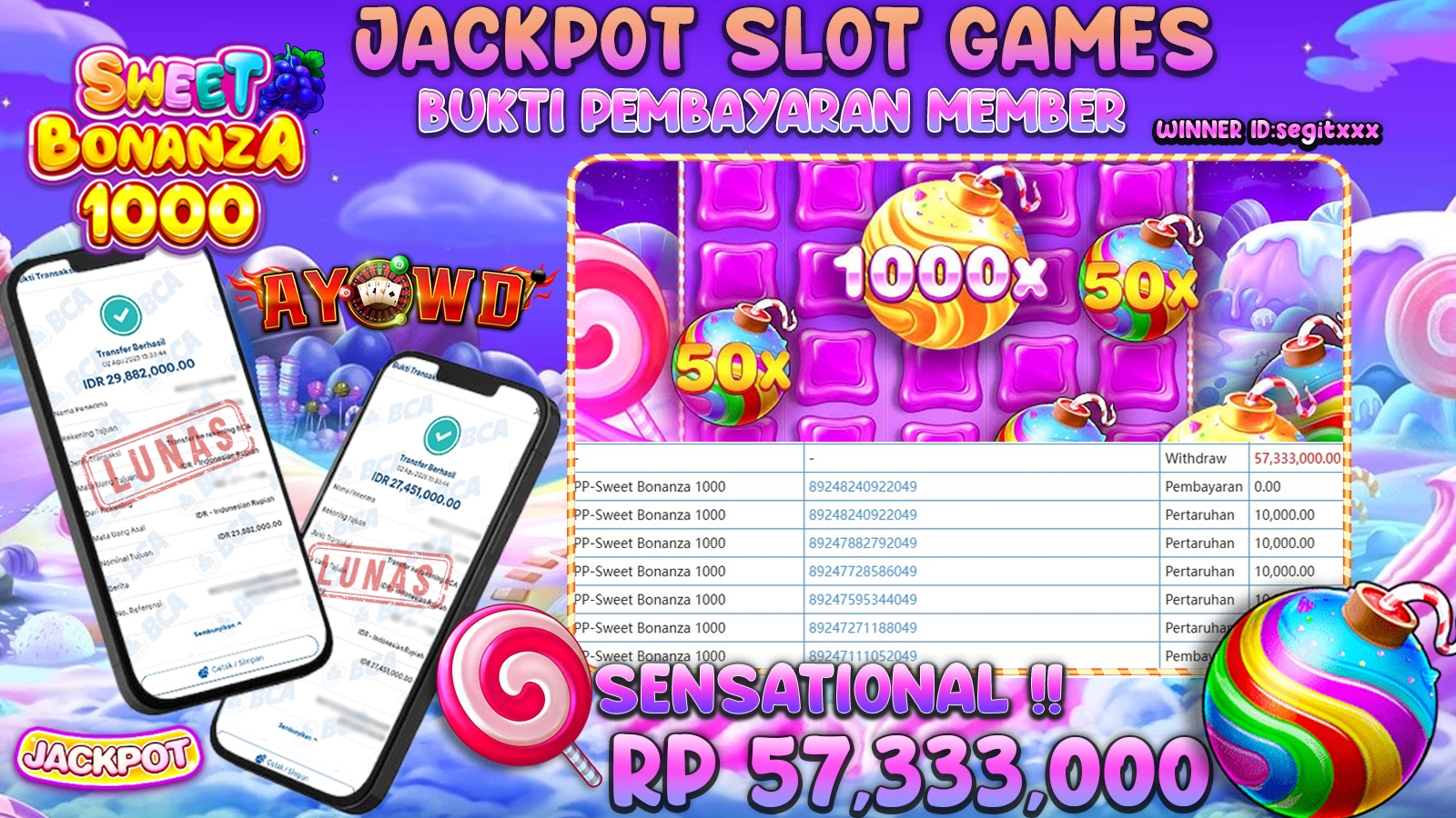 AYOWD JACKPOT SLOT GAMES PP-SWEET BONANZA 1000 Rp 57,333,000,-  LUNAS