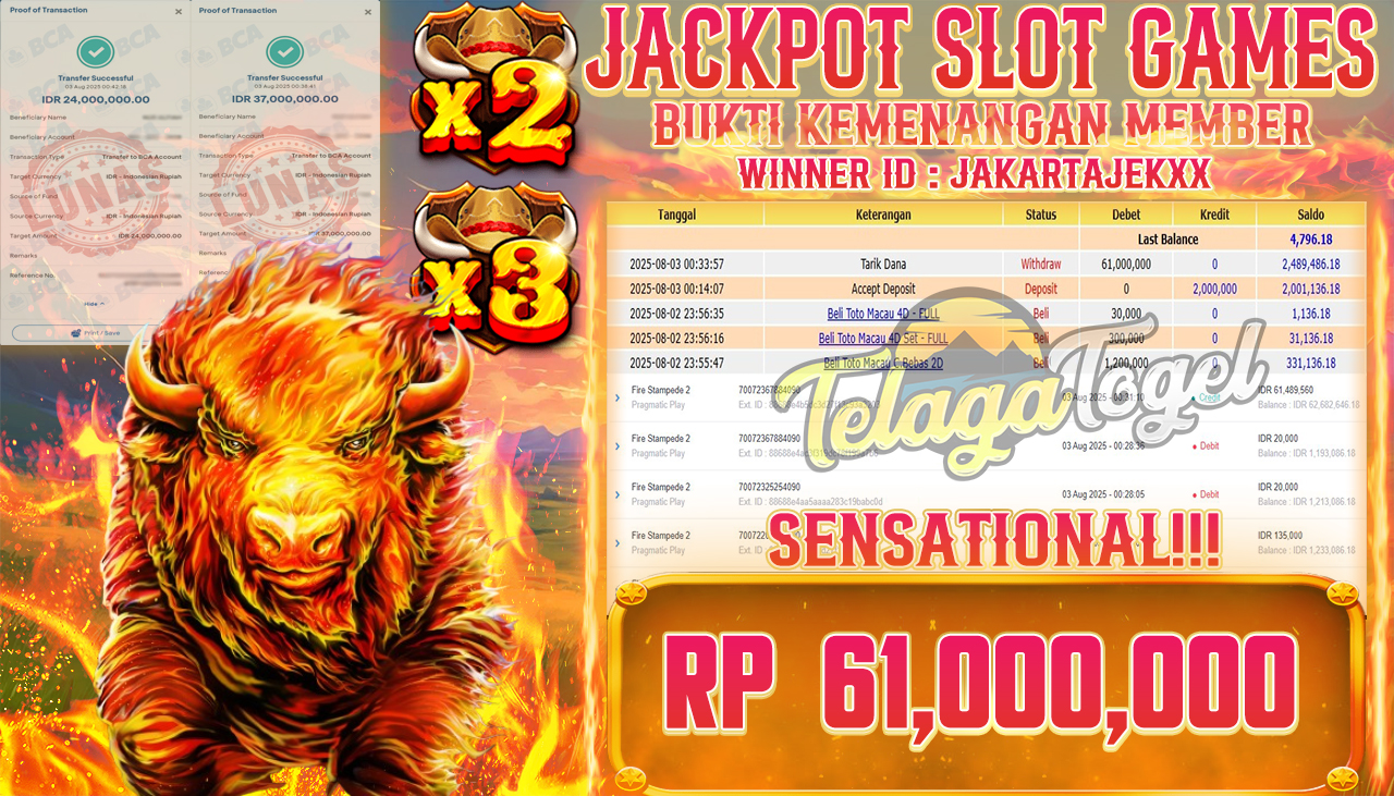 TELAGATOGEL JACKPOT SLOT FIRE STAMPEDE 2 Rp 61,000,000.- LUNAS  