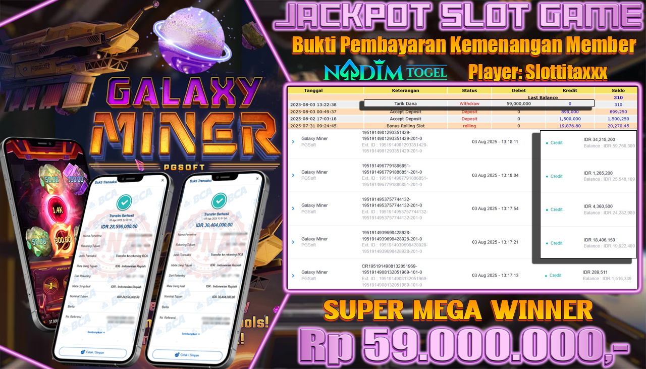 NADIMTOGEL JACKPOT SLOT GALAXY MINER Rp 59,000,000,- LUNAS