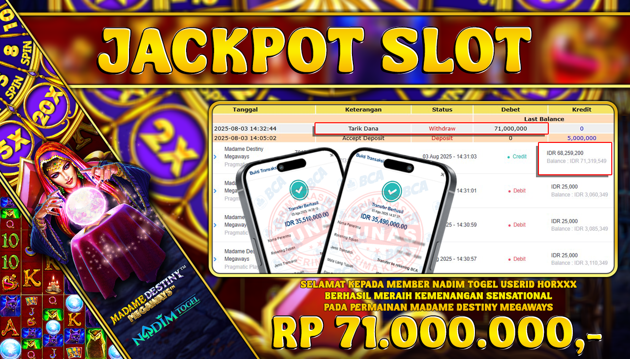 NADIMTOGEL JACKPOT SLOT MADAME DESTINY MEGAWAY Rp 71,000,000,- LUNAS