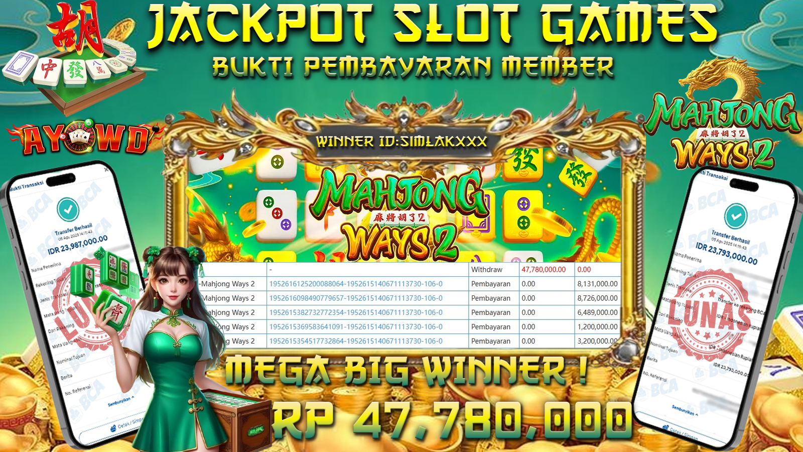 AYOWD JACKPOT SLOT GAMES PG-MAHJONG WAYS 2 Rp 47,780,000,-  LUNAS