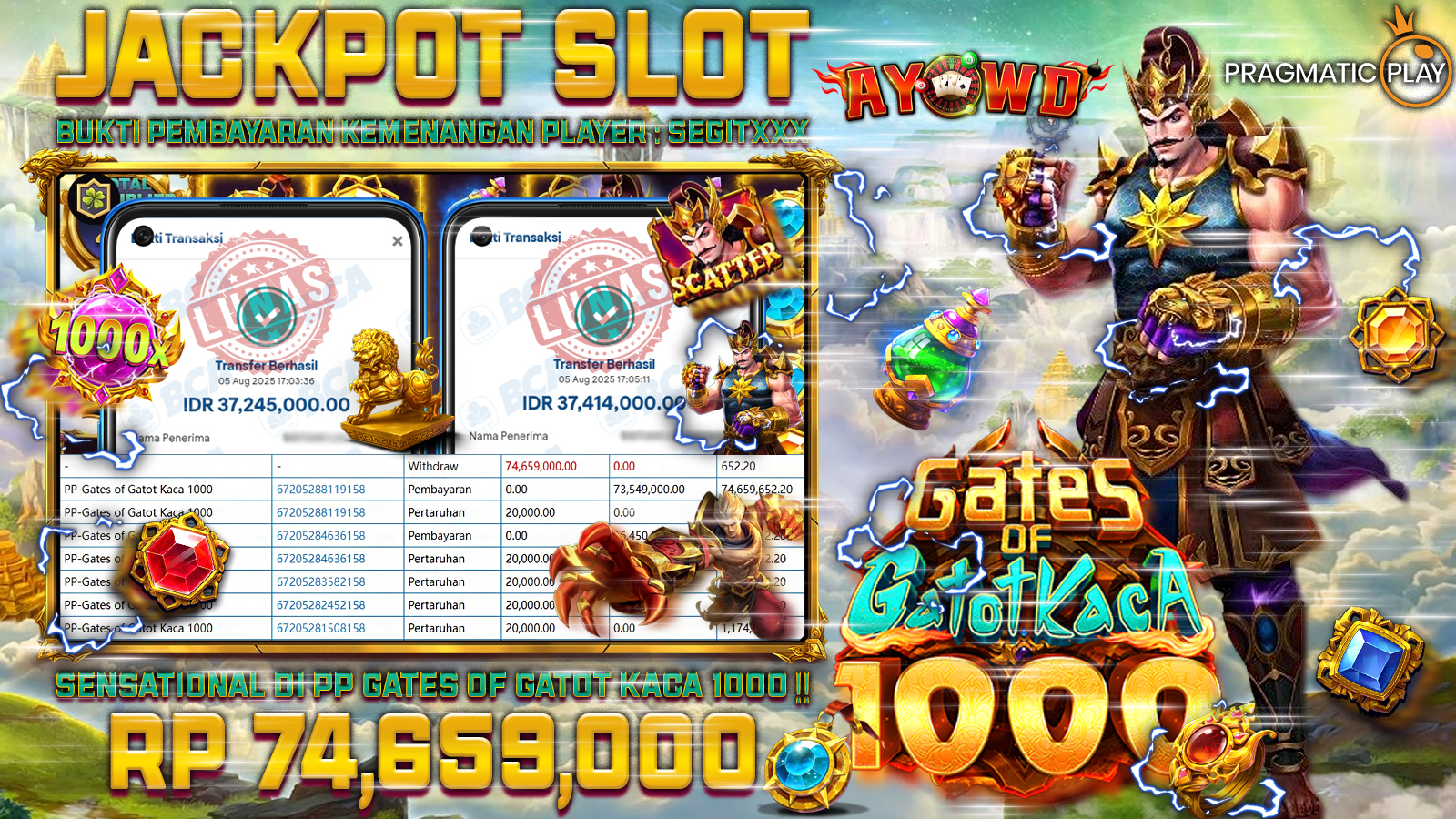 AYOWD JACKPOT SLOT GAMES PP-GATES OF GATOT KACA 1000 Rp 74,659,000,-  LUNAS