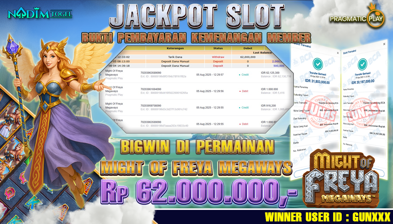 NADIMTOGEL JACKPOT SLOT MIGHT OF FREYA MEGAWAYS - Pragmatic Play Rp 62,000,000,- LUNAS