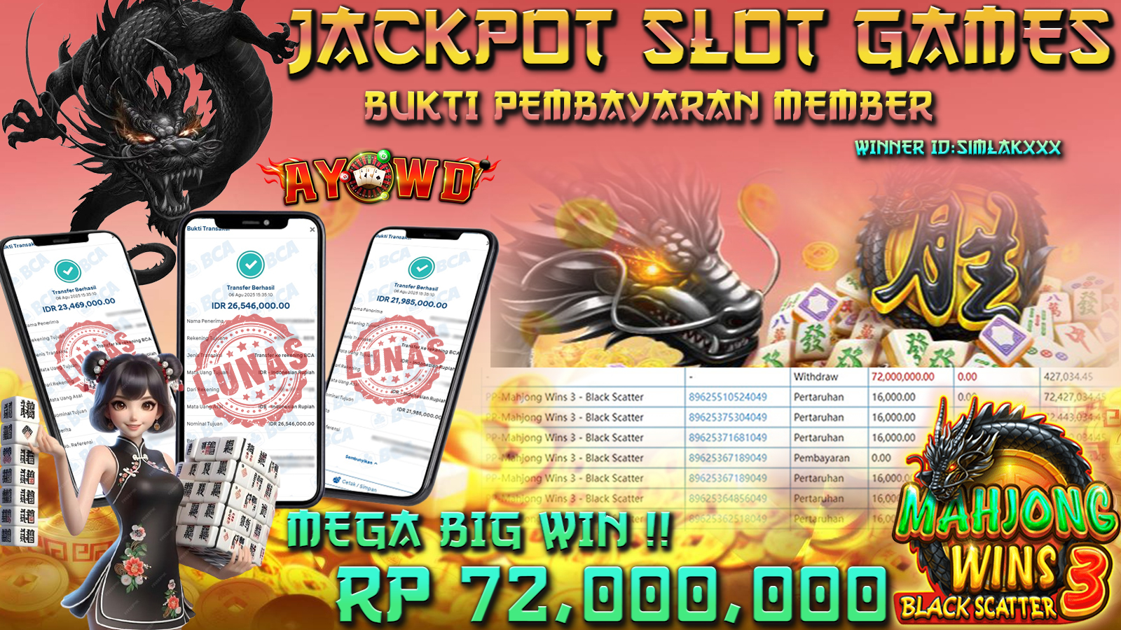 AYOWD JACKPOT SLOT GAMES PP-MAHJONG WINS 3 BLACK SCATTER  Rp 72,000,000,-  LUNAS