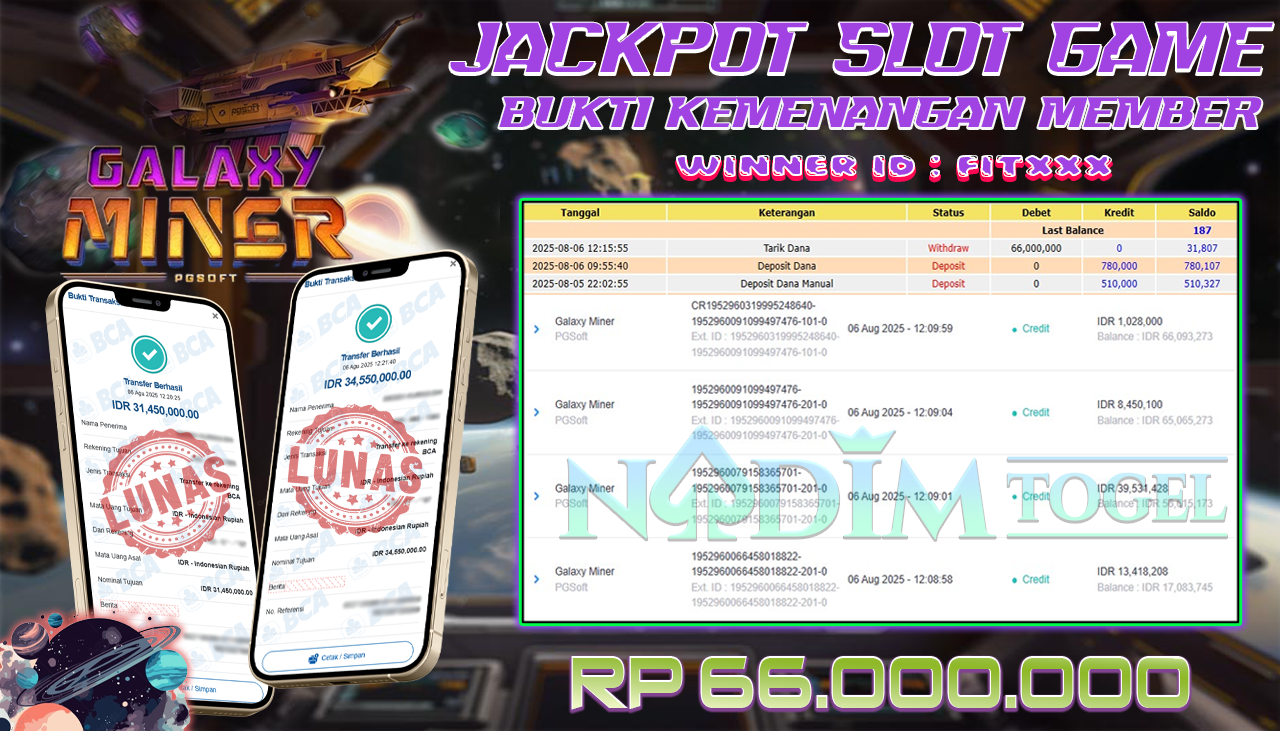 NADIMTOGEL JACKPOT SLOT GALAXY MINER Rp 66,000,000,- LUNAS