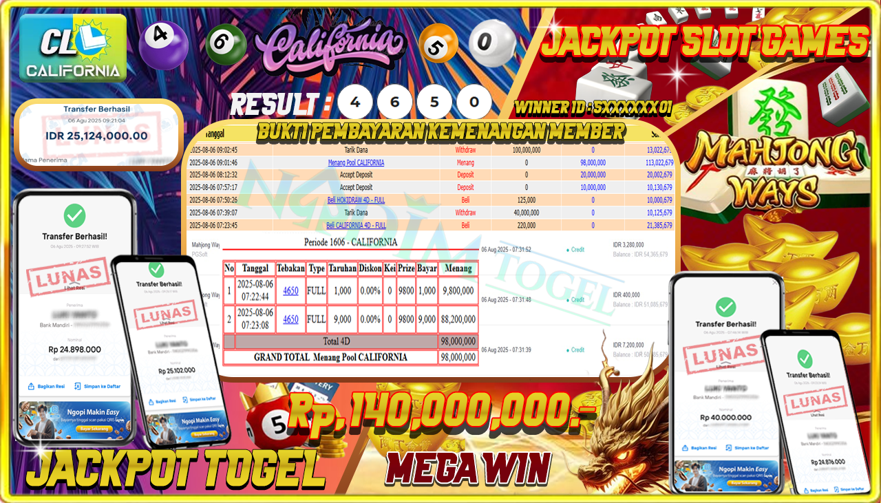 NADIMTOGEL JACKPOT SLOT MAHJONG WAYS & TOGEL CALIFORNIA  Rp 140,000,000,- LUNAS
