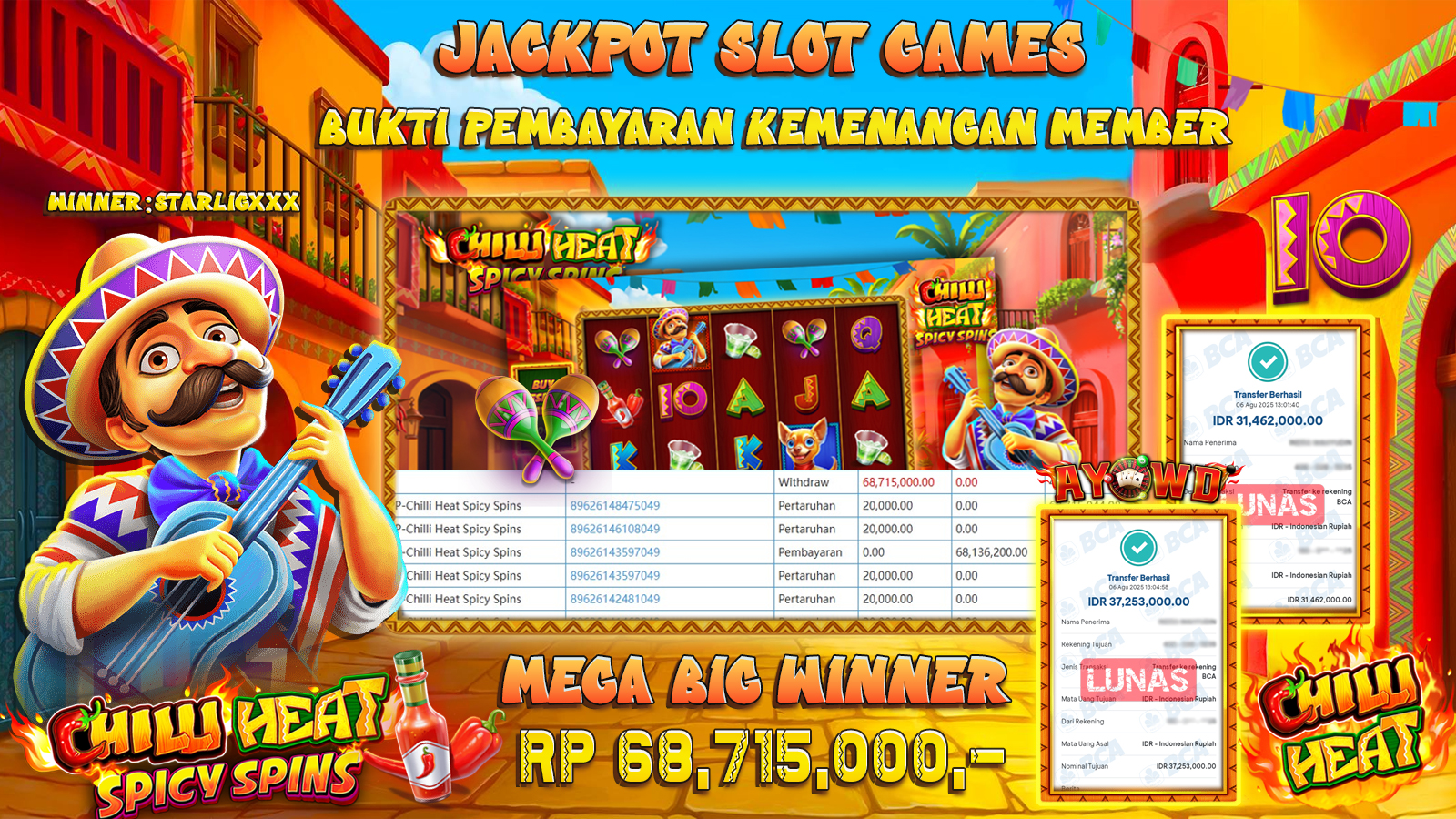 AYOWD JACKPOT SLOT GAMES PP-CHILI HEAT SPICY SPINS Rp 68,715,000,-  LUNAS