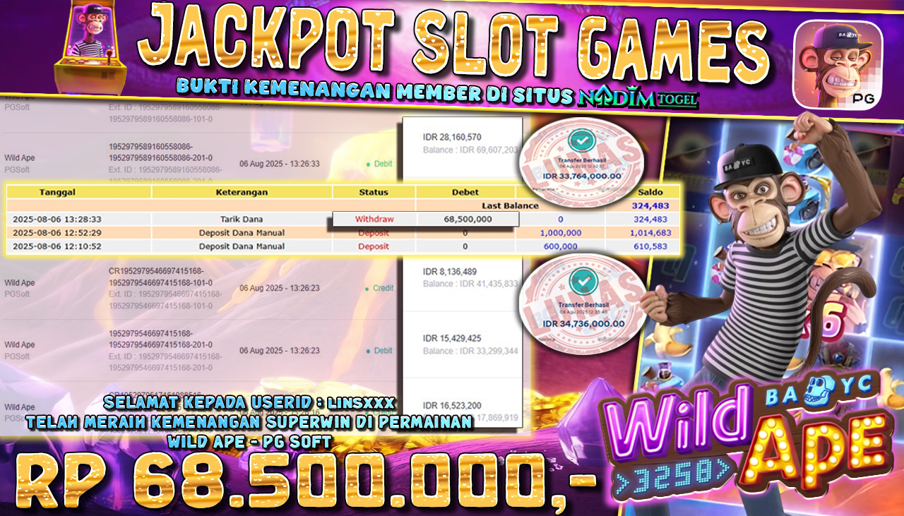 NADIMTOGEL JACKPOT SLOT WILD APE  Rp 68.500.000,- LUNAS