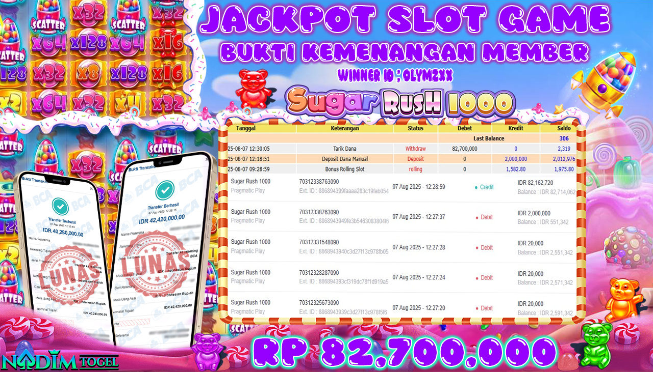 NADIMTOGEL JACKPOT SLOT SUGAR RUSH 1000 Rp 82.700.000,- LUNAS