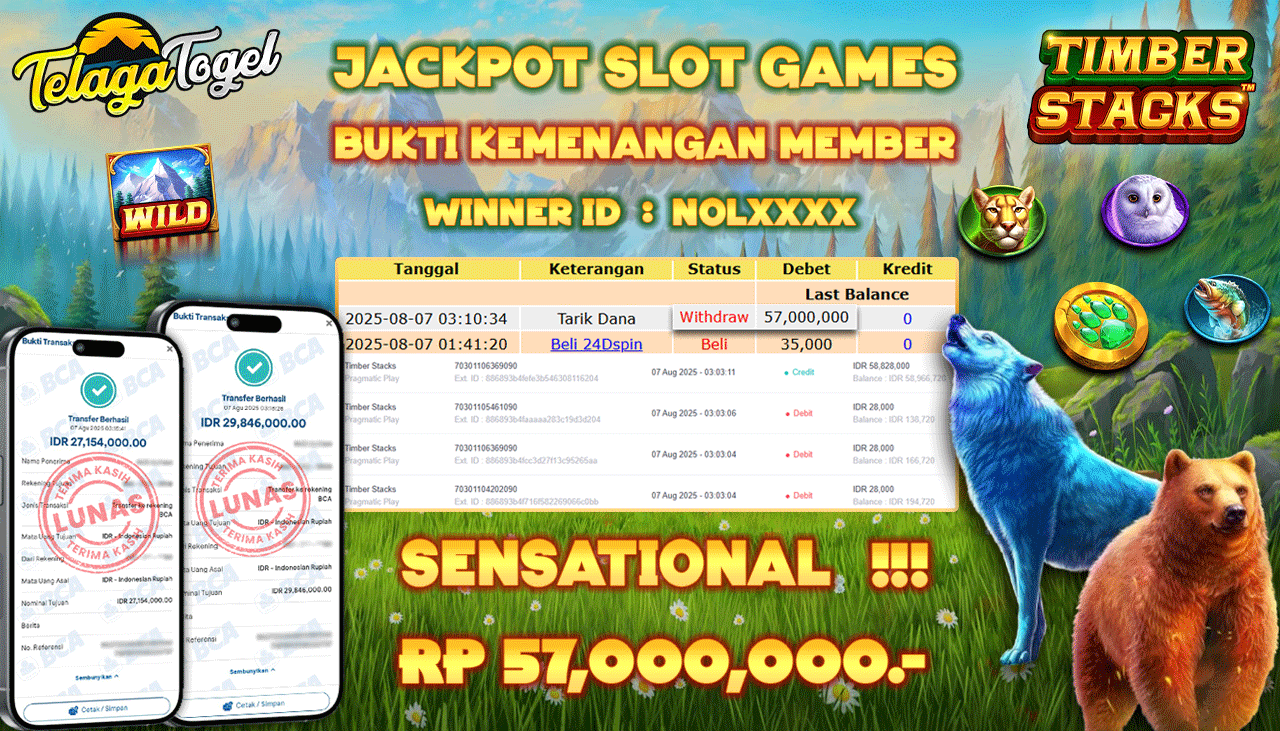 TELAGATOGEL JACKPOT SLOT TIMBER STACKS Rp 57,000,000.- LUNAS  