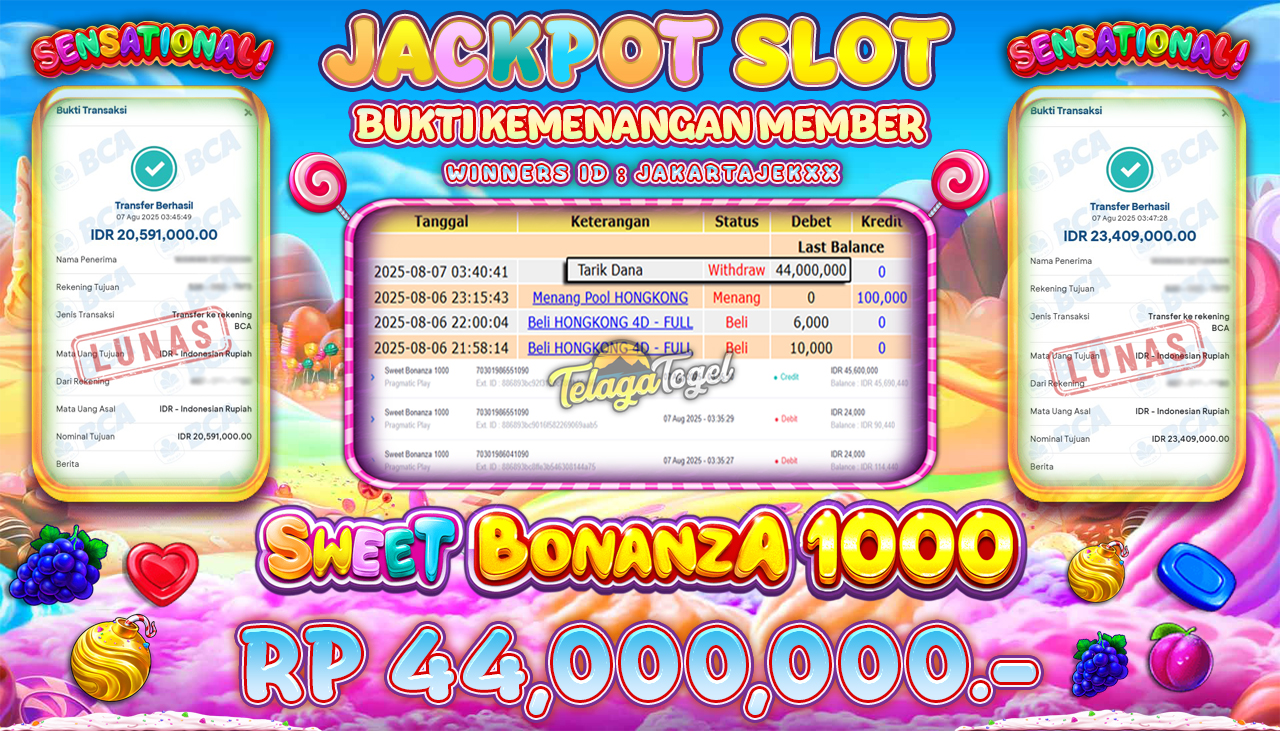 TELAGATOGEL JACKPOT SLOT SWEET BONANZA 1000 Rp 44,000,000.- LUNAS  