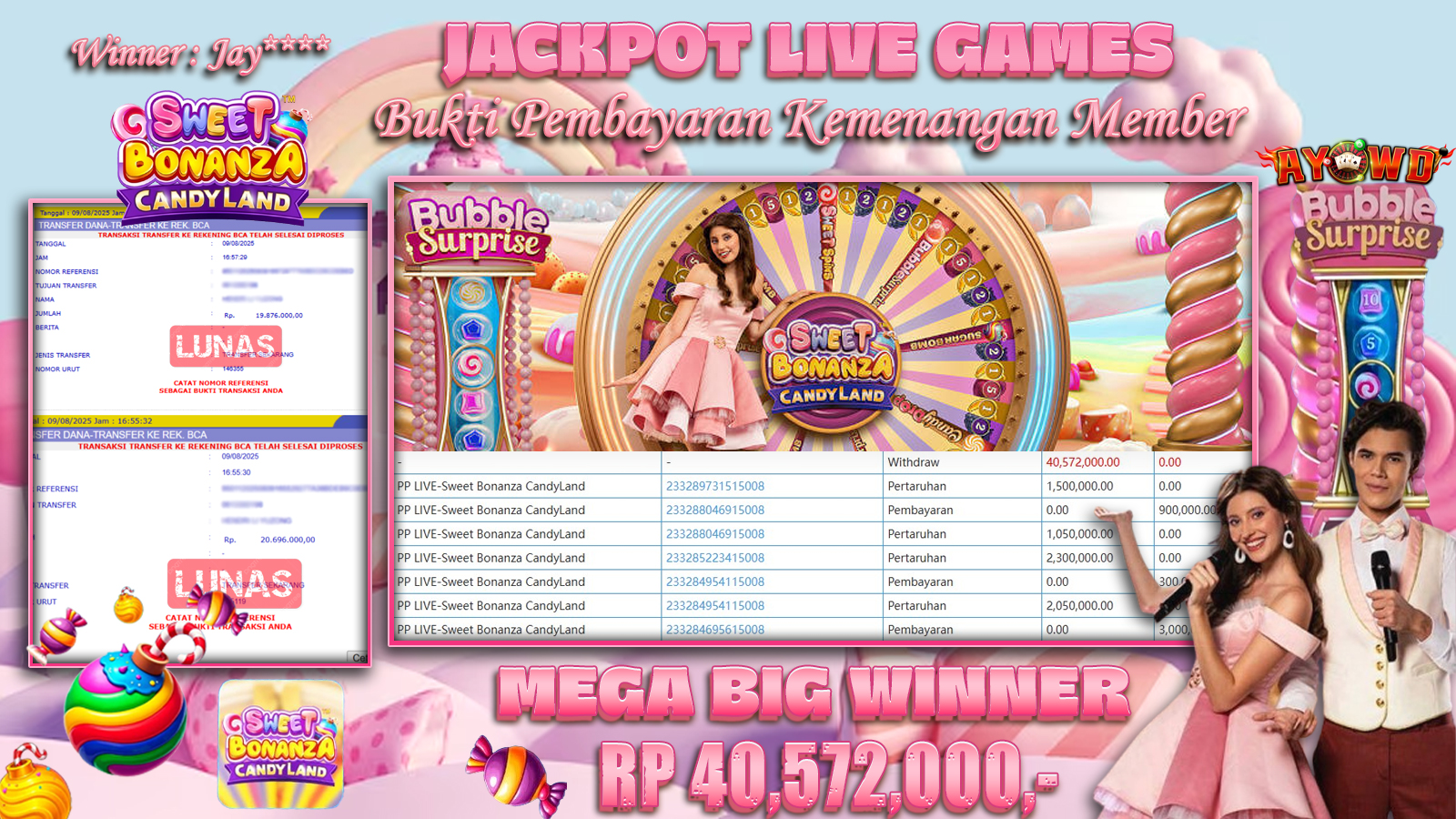 AYOWD JACKPOT LIVE GAMES PP- SWEET BONANZA CANDYLAND Rp 40,572,000,-  LUNAS