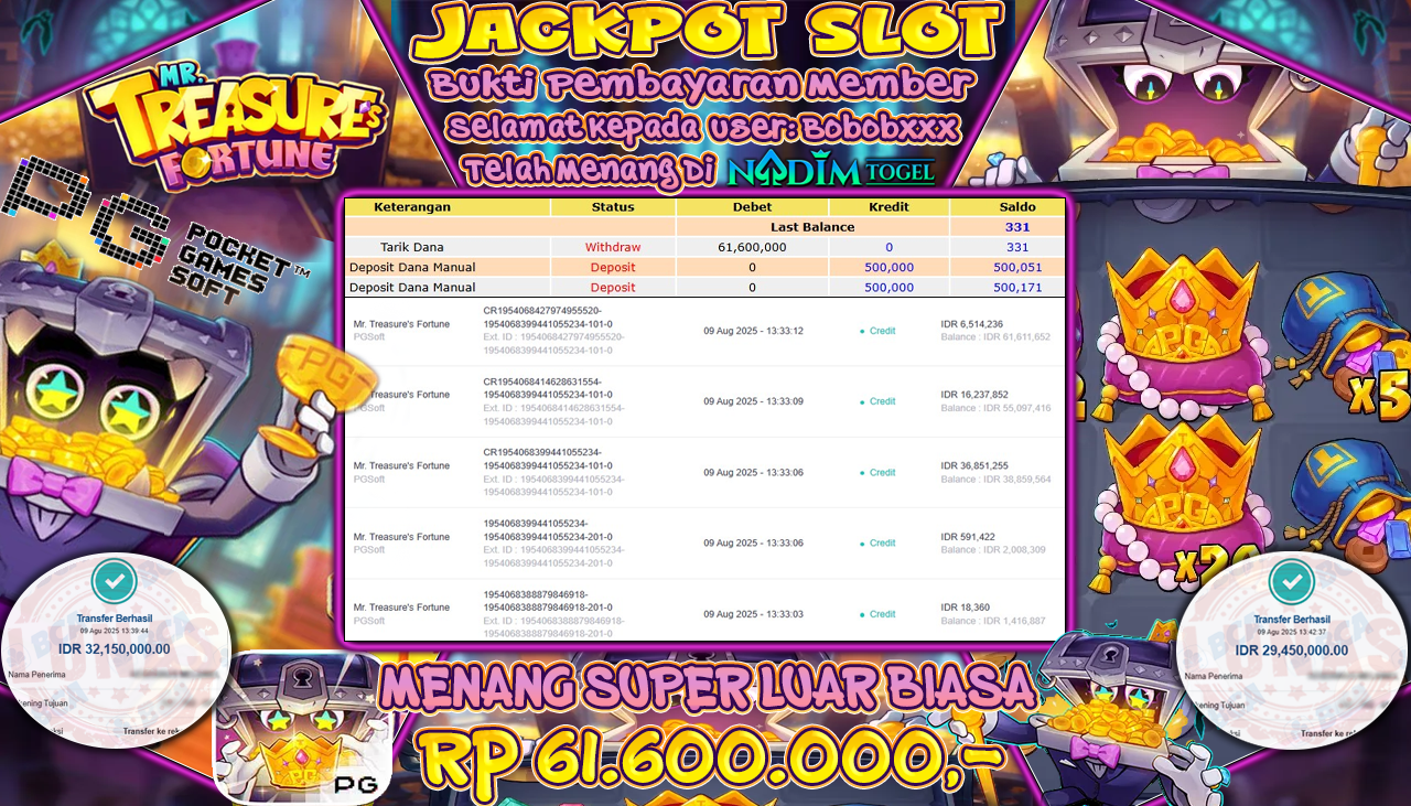 NADIMTOGEL JACKPOT SLOT MR TREASURE S FORTUNE  Rp 61.600.000,- LUNAS