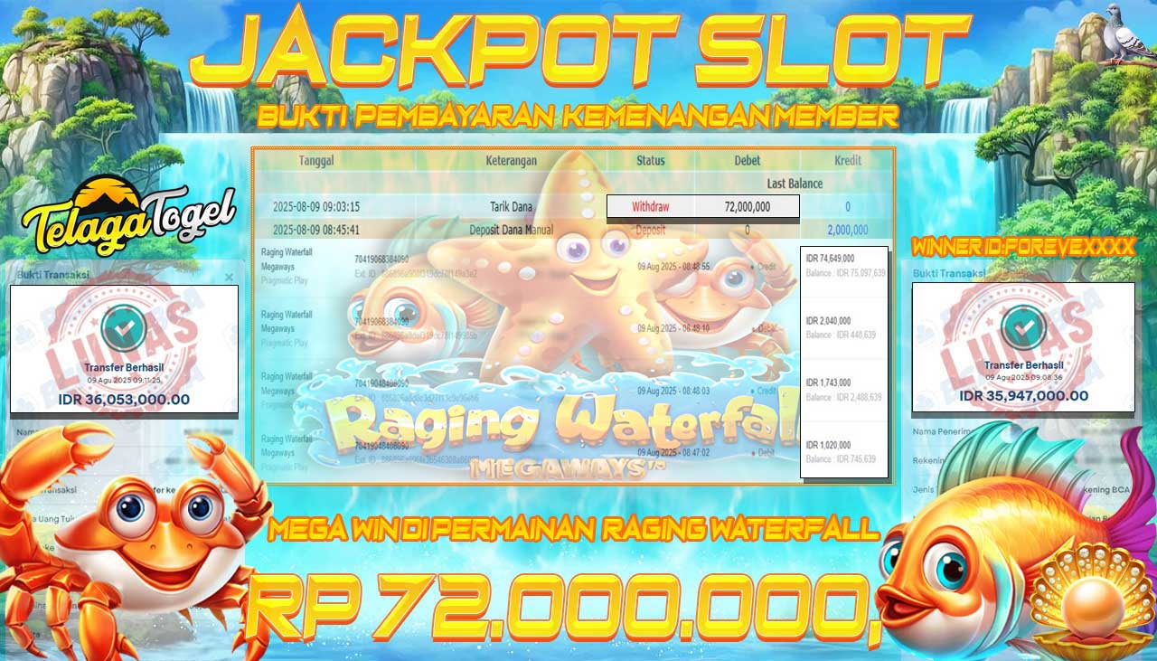 TELAGATOGEL JACKPOT SLOT RAGING WATERFALL Rp 72,000,000.- LUNAS  