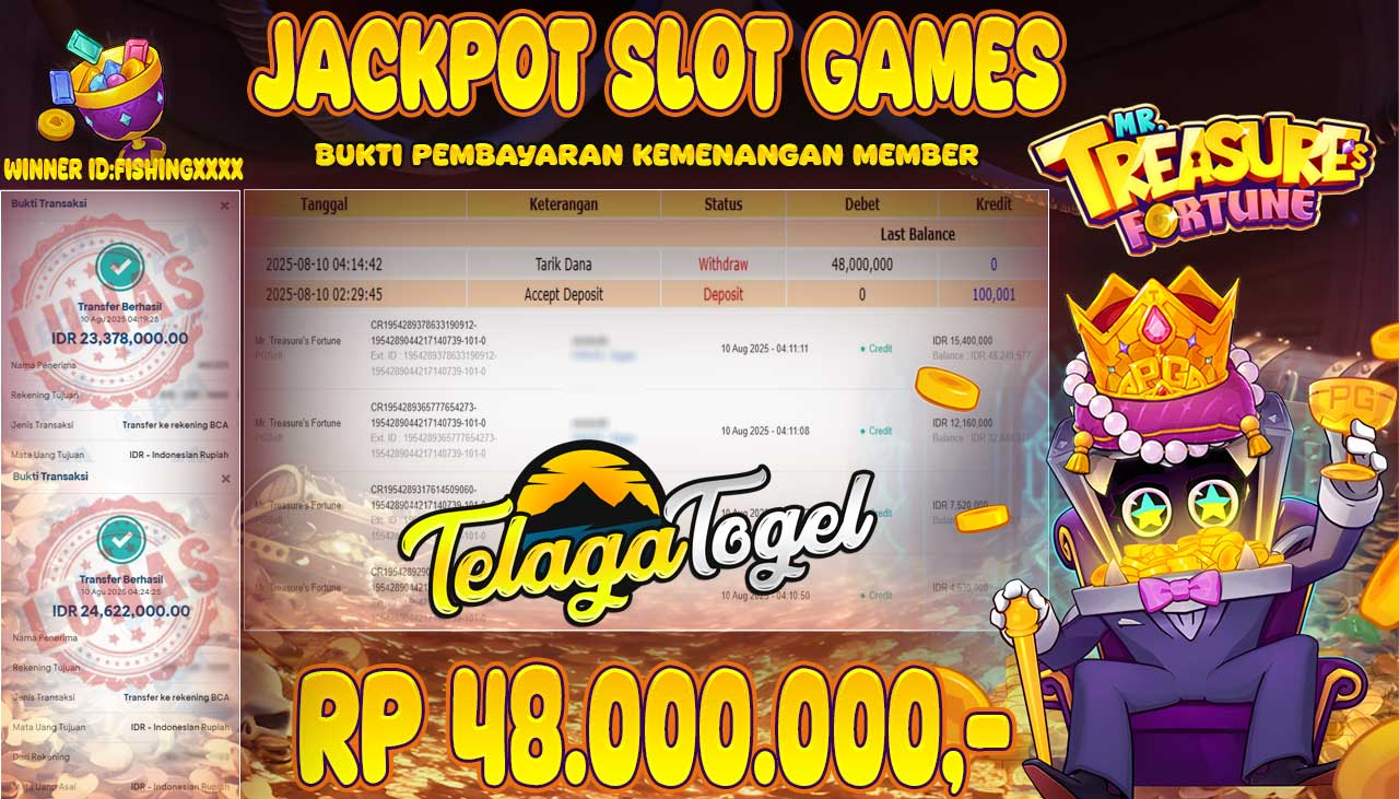 TELAGATOGEL JACKPOT SLOT MR TREASURE S FORTUNE Rp 48,000,000.- LUNAS  