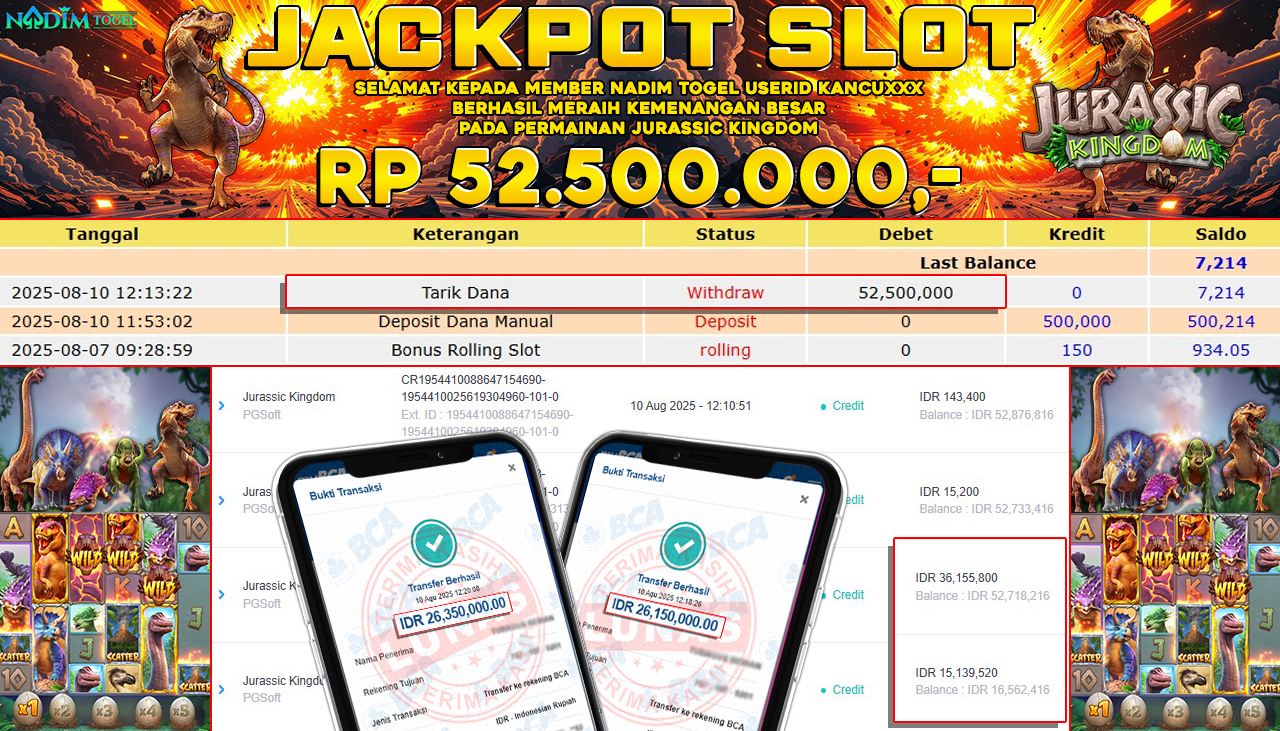 NADIMTOGEL JACKPOT SLOT JURASSIC KINGDOM  Rp 52.500.000,- LUNAS
