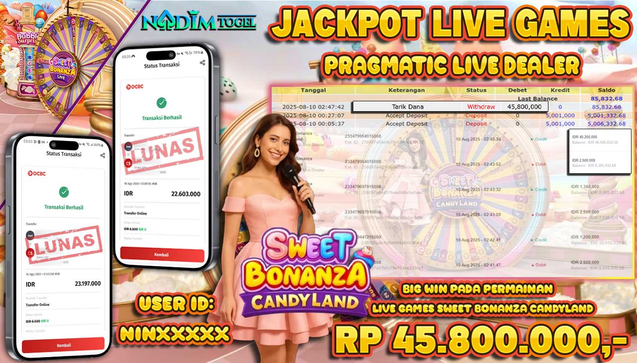 NADIMTOGEL JACKPOT LIVE GAMES SWEET BONANZA CANDY LAND Rp 45.800.000,- LUNAS
