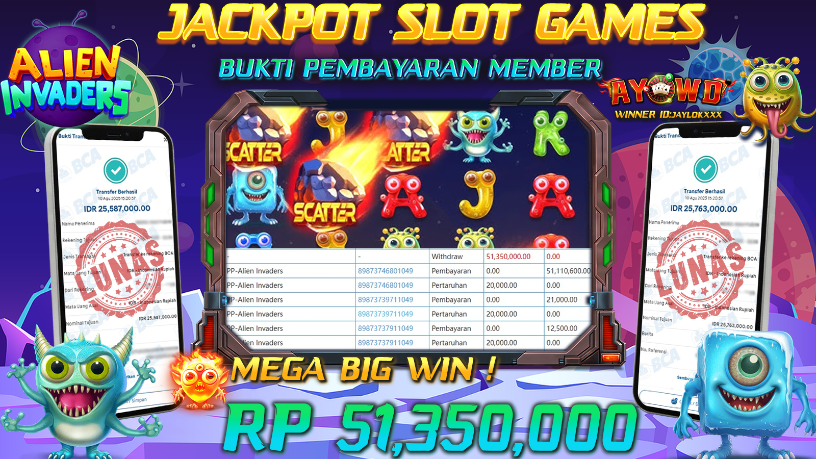 AYOWD JACKPOT SLOT GAMES PP-ALIEN INVADERS Rp 51,350,000,-  LUNAS