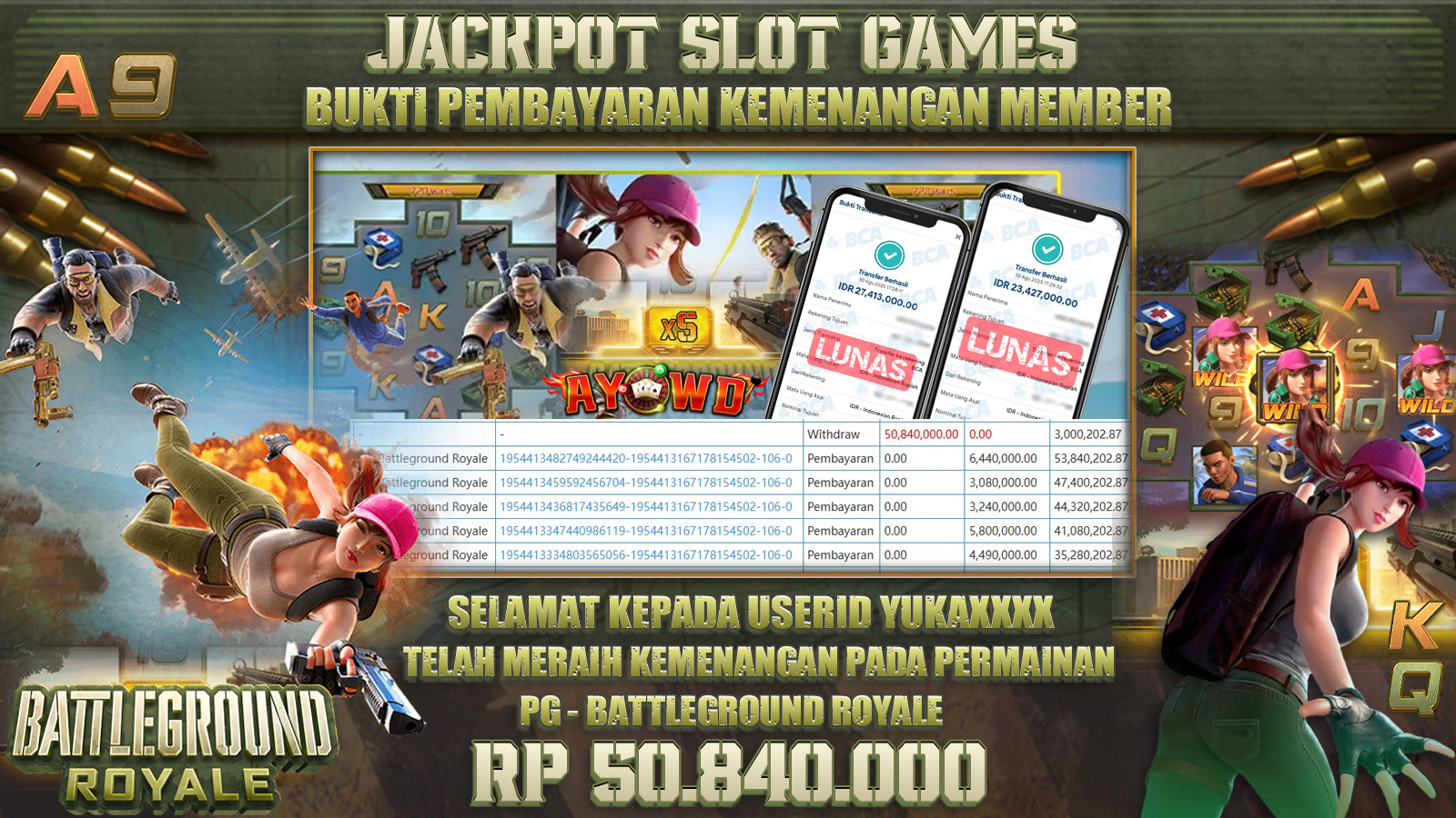 AYOWD JACKPOT SLOT GAMES PG-BATTLEGROUND ROYALE Rp 50,840,000,-  LUNAS