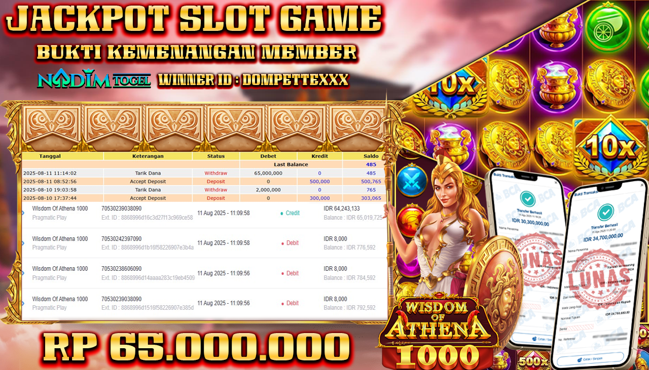 NADIMTOGEL JACKPOT SLOT WISDOM OF ATHENA 1000 Rp 65.000.000,- LUNAS