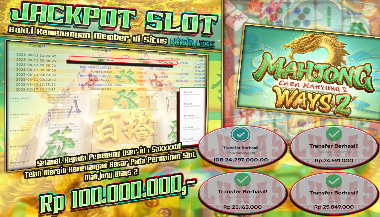 NADIMTOGEL JACKPOT SLOT MAHJONG WAYS 2 Rp 100.000.000,- LUNAS