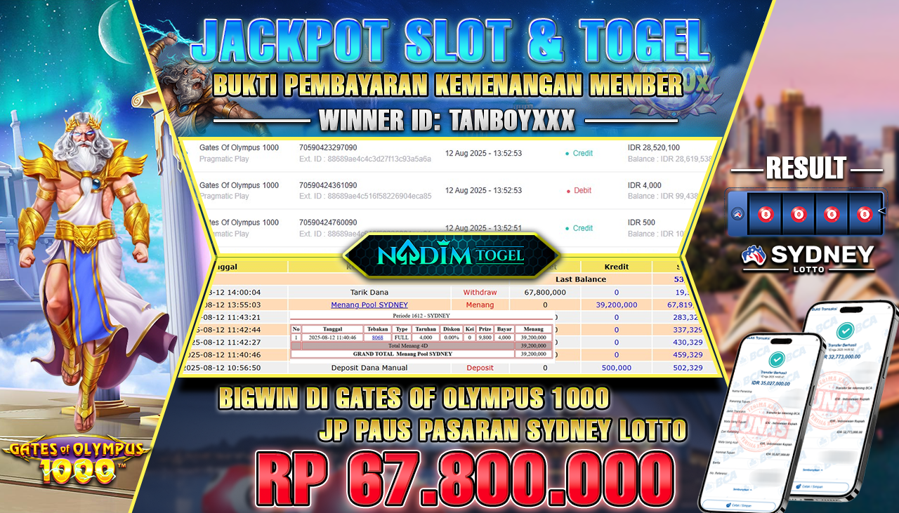 NADIMTOGEL JACKPOT SLOT GATES OF OLYMPUS 1000 & TOGEL SYDNEY Rp 67.800.000,- LUNAS