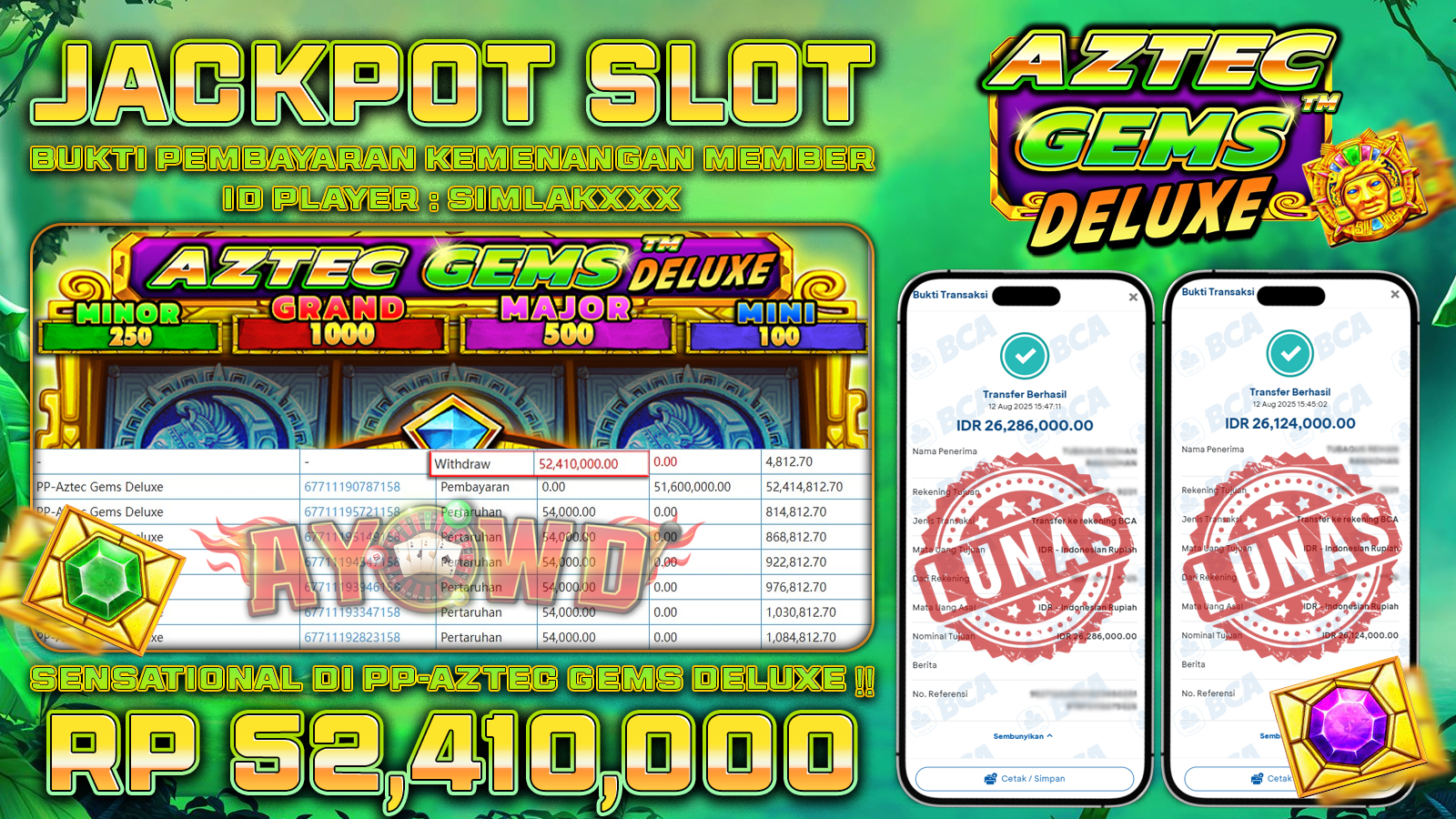 AYOWD JACKPOT SLOT GAMES PP-AZTEC GEMS DELUXE Rp 52,410,000,-  LUNAS