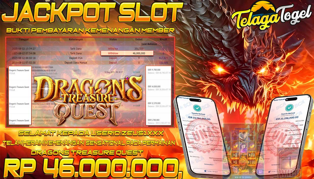 TELAGATOGEL JACKPOT SLOT DRAGONS TREASURE QUEST Rp 46,000,000.- LUNAS  