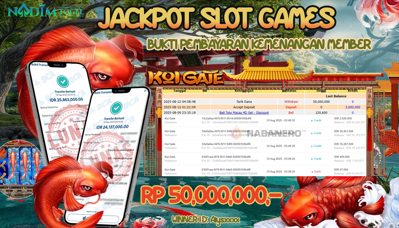NADIMTOGEL JACKPOT SLOT KOI GATE 1000 Rp 50.000.000,- LUNAS