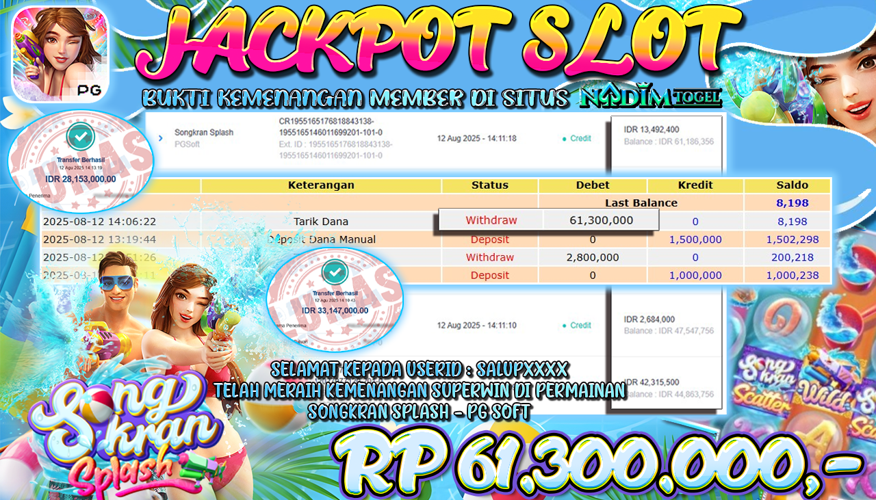 NADIMTOGEL JACKPOT SLOT SONGKRAN SPLASH  Rp 61.300.000,- LUNAS