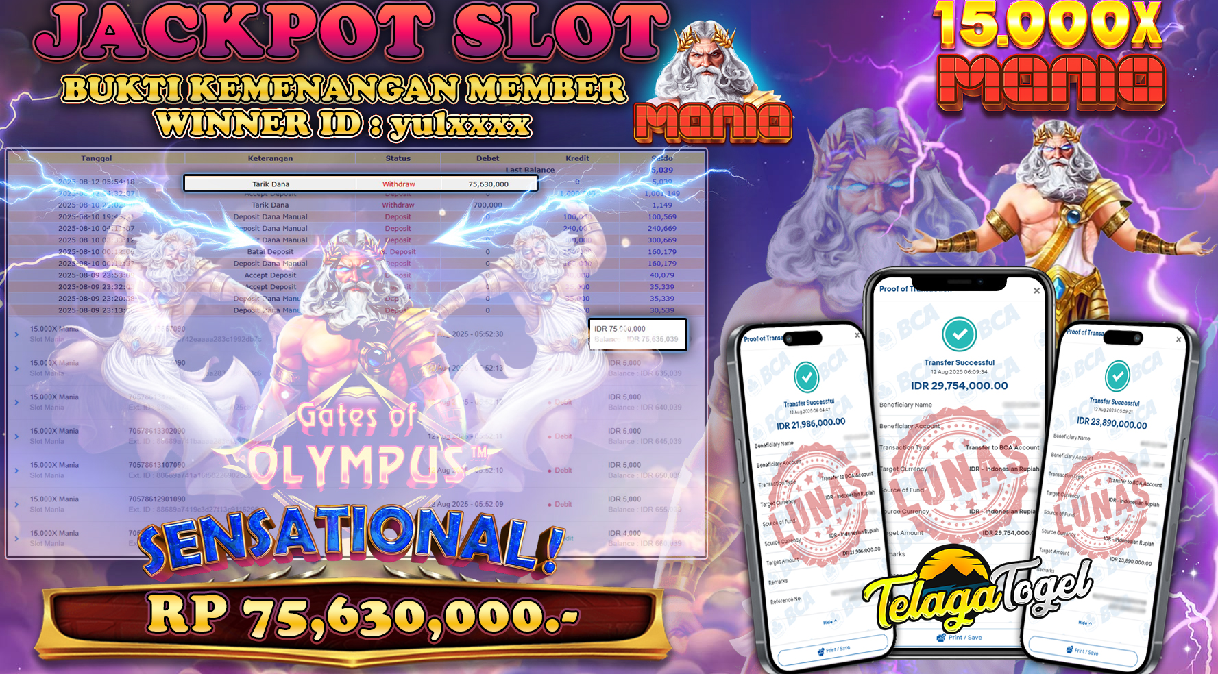 TELAGATOGEL JACKPOT SLOT 15000x MANIA Rp 75,630,000.- LUNAS  