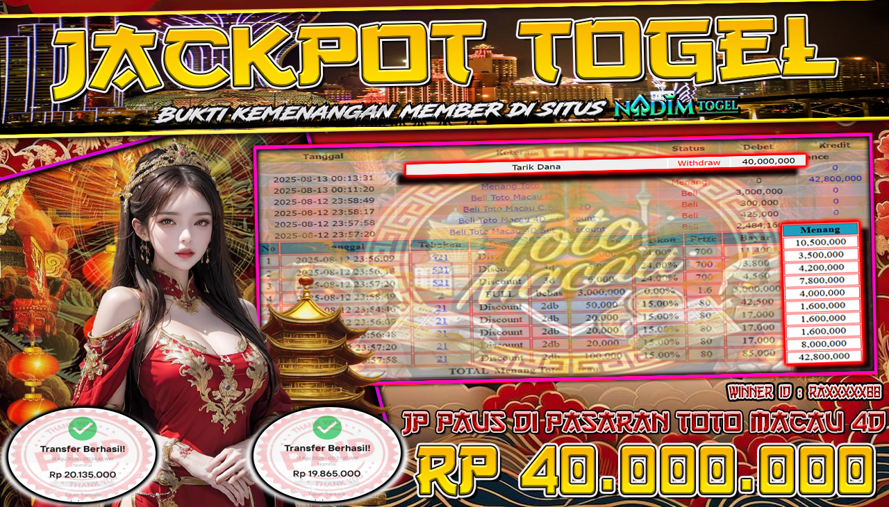 NADIMTOGEL JACKPOT TOGEL DI PASARAN TOTO MACAU 4D Rp 40.000.000,- LUNAS