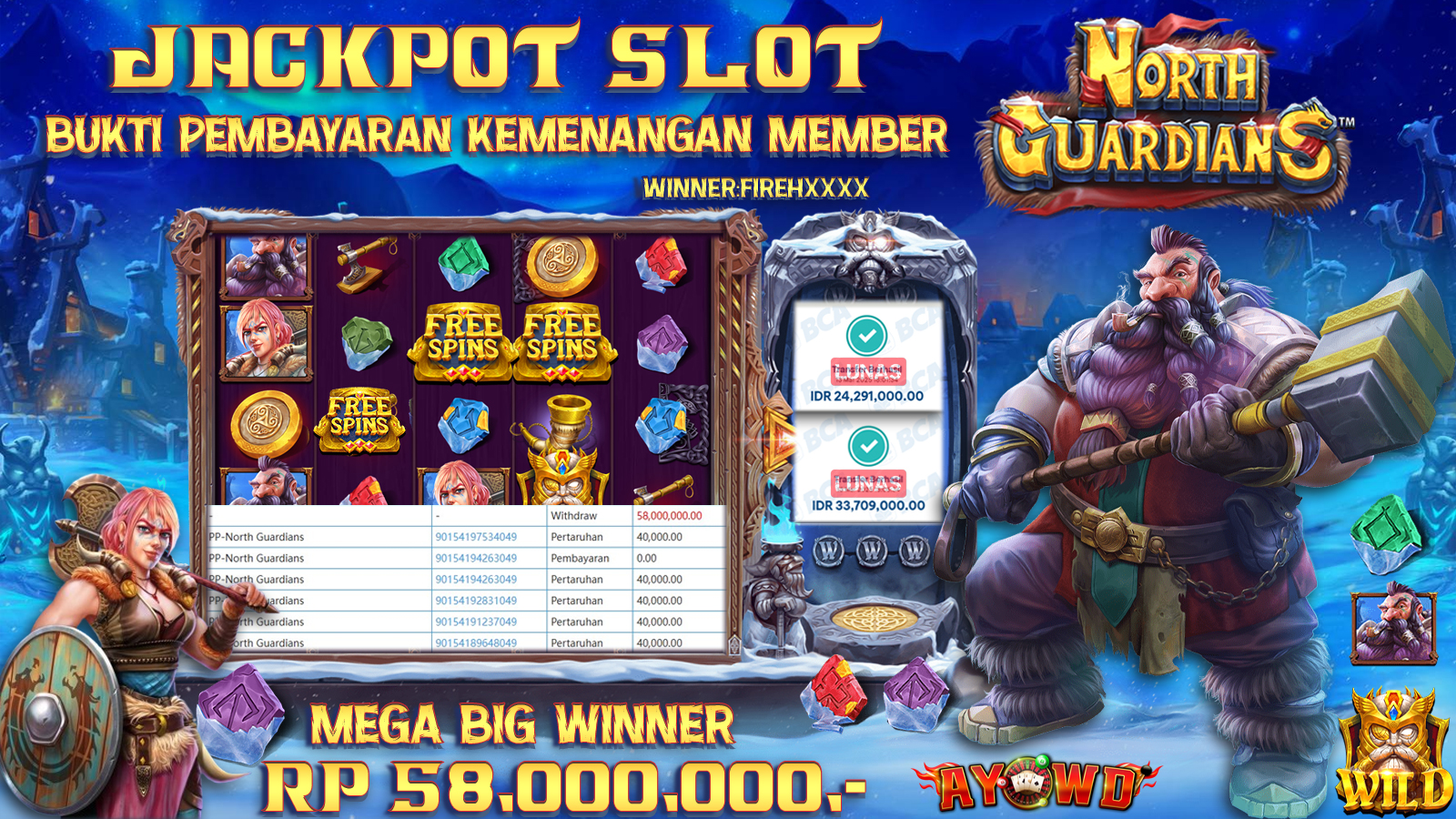 AYOWD JACKPOT SLOT GAMES PP-NORTH GUARDIANS Rp 58,000,000,-  LUNAS