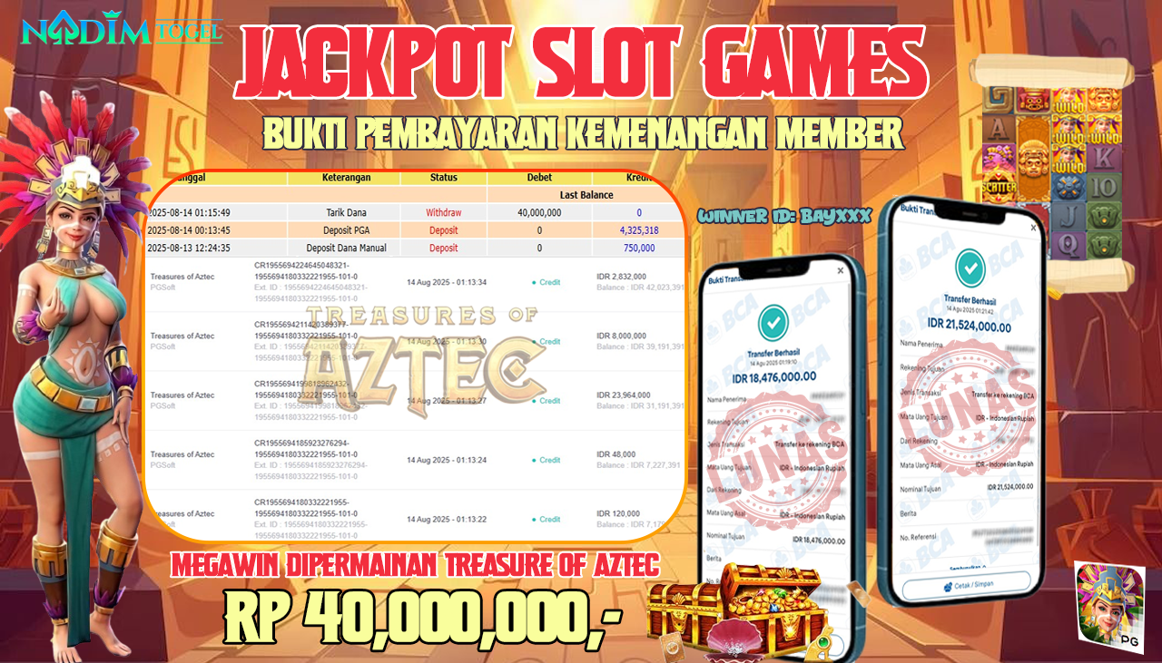 NADIMTOGEL JACKPOT SLOT TREASURE OF AZTEC  Rp 40.000.000,- LUNAS